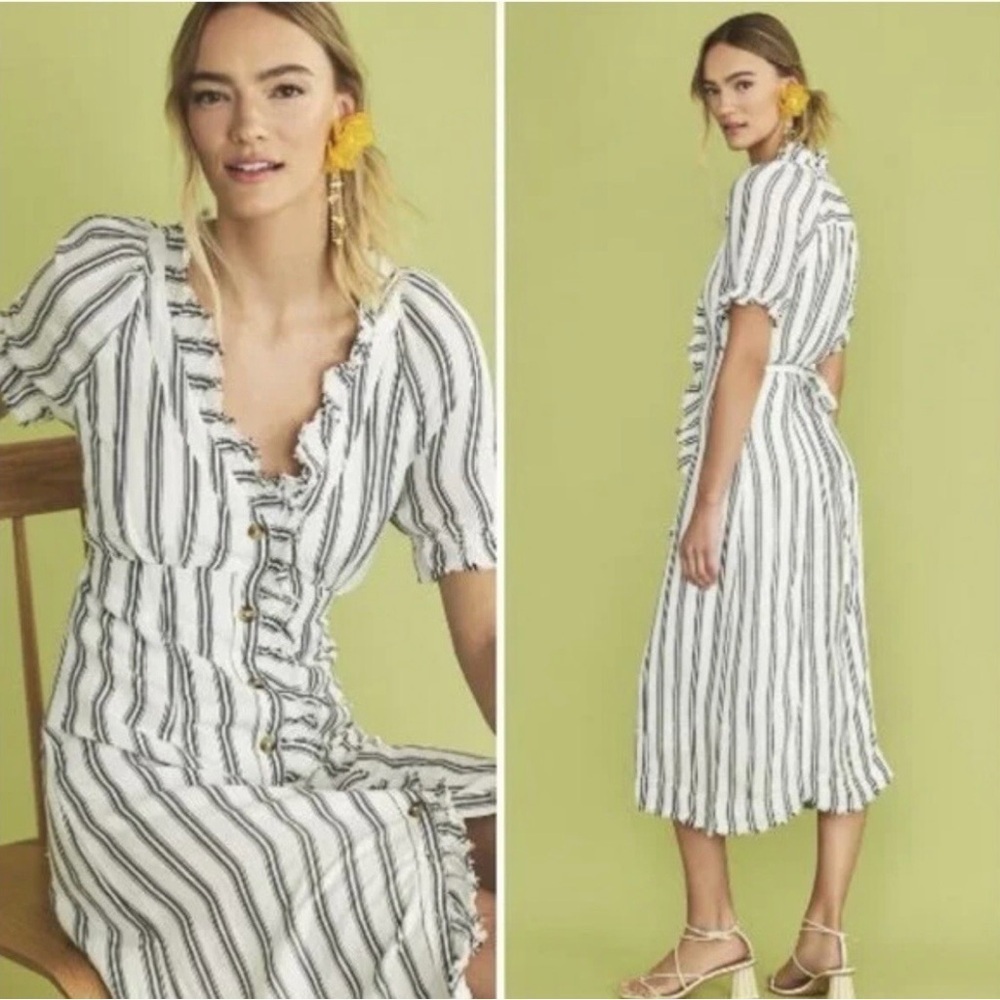 Anthropologie Pilcro Ivory Ruffled-Collar Button Down Midi Dress Size 6